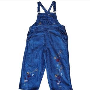 AGAPO Floral Embroidered 90s‎ Cropped Vintage Denim Overalls Sz L Garden Blue
